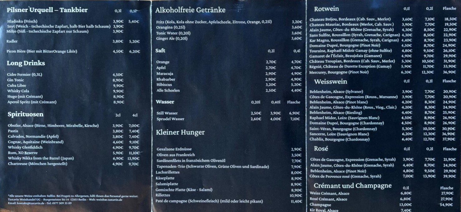 Menu Weinbar Berlin Tastavin - Spezialist für Französischer Weine in Berlin
