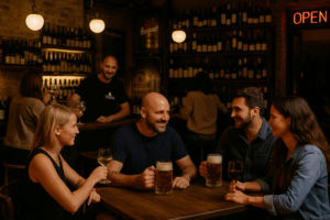 Gäste genießen frisches Tankbier und französische Weine in der Weinbar Tastavin in Berlin Moabit, gesellige Atmosphäre am Abend.
