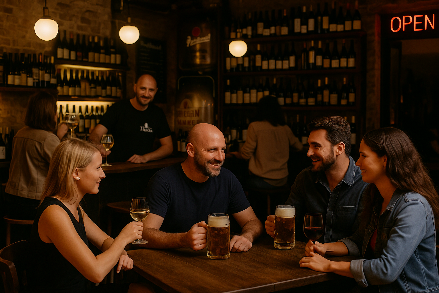 Gäste genießen frisches Tankbier und französische Weine in der Weinbar Tastavin in Berlin Moabit, gesellige Atmosphäre am Abend.